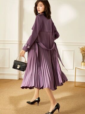 Pleated Midi Trench Coat in Lavender Purple size S/M/L